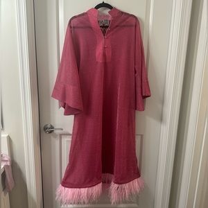 La Vie Style House Pink Caftan with Feathers
